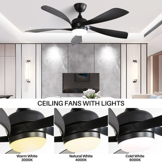 52" Ceiling Fan With 3 Color Dimmable LED Light, 5 Blades, Remote Control, Reversible DC Motor
