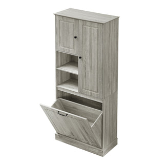 Modern Tall Storage Cabinet With Adjustable Shelves, Flip-Out Basket & Enclosed Doors