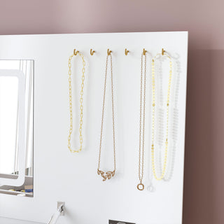 Flip Top Vanity Desk With LED Mirror & Outlet Makeup Table With 2 Drawers, Open Storage, And Jewelry Hooks - White