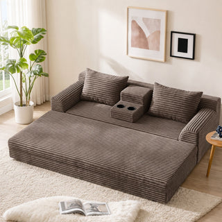 Soft Striped Convertible Sofa Bed, Dual Use Lounge Couch With Cup Holders And Pillows