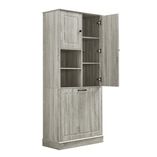 Modern Tall Storage Cabinet With Adjustable Shelves, Flip-Out Basket & Enclosed Doors