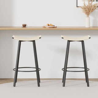 Counter Height Bar Stools Backless Handwoven Kitchen Dining Chairs With Round Footrest (Set of 2) Weaving Pub Stoo - Creamy White