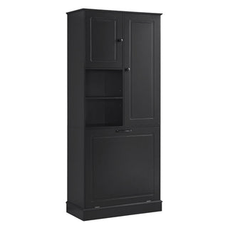 Modern Tall Storage Cabinet With Adjustable Shelves, Flip-Out Basket & Enclosed Doors