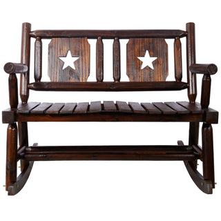 Rustic Outdoor Wood Rocking Bench Double Rocking Chair For 2 Persons With Curved Seat, Porch Rocker - Brown