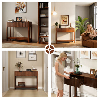 Mid-Century Modern Fluted Console Table With 2 Drawers & Open Shelf, Walnut Finish Narrow Entryway Table, Slim Sofa Table For Hallway, Living Room, Small Spaces, Easy Assembly
