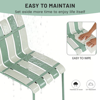 4 Piece Set Of Striped Color Blocking Single Chairs With Long Table - Cream White / Haze Green / White