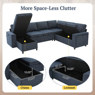 U - Shaped Convertible Sectional Sofa Bed With Storage, USB Charger & Cup Holders