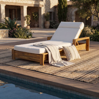 Chaise Lounge Set With 4 Fold Cushion And Built In Headrest, 3 Position Adjustable, For Patio Pool - Cream / Teak