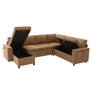U - Shaped Convertible Sectional Sofa Bed With Storage, USB Charger & Cup Holders