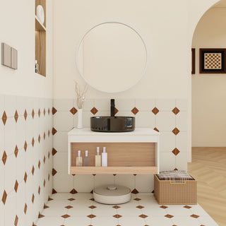 Floating Bathroom Vanity With Vessel Sink With Open Shelf Storage