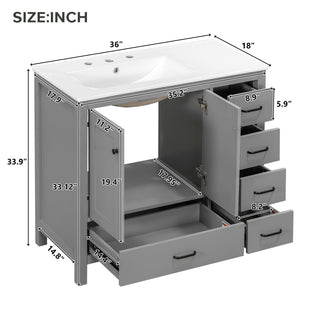 Bathroom Vanity With Ceramic Sink Combo, Abundant Storage Cabinet 2 Soft Close Doors And 5 Drawers