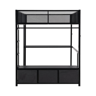 Full Size Gaming Loft Bed With LED Desk, Open Wardrobe, 3 Linen Storage Drawers - Black