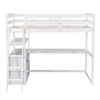 Modern Loft Bed With Built In Desk, Shelves, And 2 Drawers