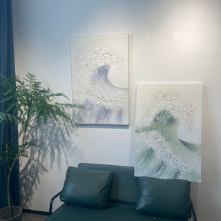 Ocean Wave Wall Art, Textured Canvas Painting With Accents (Set of 2) - Sage Green+Gold