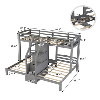 Twin Over Twin & Twin Bunk Bed With Built In Staircase And Storage Drawer - Gray