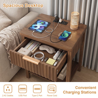 Nightstand, Bedside Table With Built In Charging Station (Set of 2) - Walnut