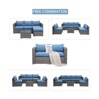 2 Piece Patio Loveseat Set With Thick Cushions, Outdoor Sectional Sofa For Balcony - Blue / Brown