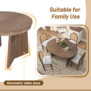 Extendable Round Dining Table Set For 4 With 4 Upholstered Chairs - Beige / Walnut