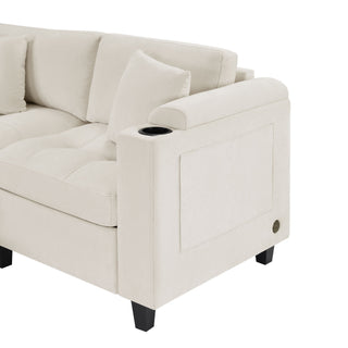 U Shaped Sectional Sofa, Corner Living Room Couch With Built In Cup Holders, Storage, USB Ports