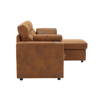 Convertible L - Shaped Sectional Sofa Bed With Storage Chaise, Cup Holders