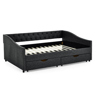 Upholstered Tufted Daybed With 2 Drawers, Waved Arms