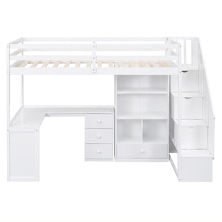 Loft Bed With L Shaped Desk, Drawers, Cabinet, And Storage Staircase