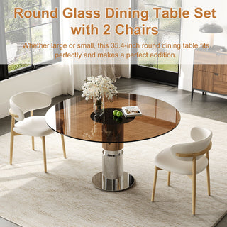 Round Dining Table & Tempered Glass Top - Brown