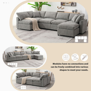 Modern Modular Cloud Sofa Bed, 6 Seat Sectional Couch Set With Ottoman, Free Combination, Convertible U Shaped Sleeper Sofa For Living Room