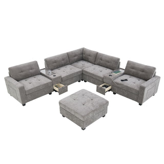 Sectional With Acrylic Table Top U Shaped Couch Set With 2 Consoles USB Charger, Storage Drawers And Pockets Movable Ottoman Tufted Sofa