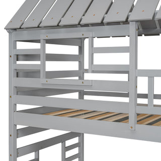 House Bunk Bed With Trundle, Storage Staircase, Roof And Window Design