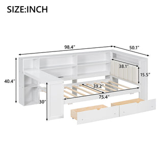Platform Bed With Upholstered Headboard, Storage Shelves, Drawers, Charging Station, LED Lighting, Built In Desk