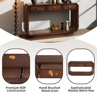 Console Table With 3 Drawers, Display Shelf, Curved Legs - Walnut