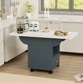 Versatile Wood Folding Dining Table With Wheels, Storage Rack & Drawer, Space Saving Design - White