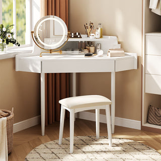 Modern Corner Makeup Vanity Desk With Large Storage, LED Mirror & Stool, Adjustable Brightness, Space Saving - White