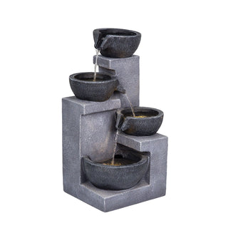 4 Tier Cascading Water Fountain With Warm LED Lights, Quiet Pump For Patio - Gray