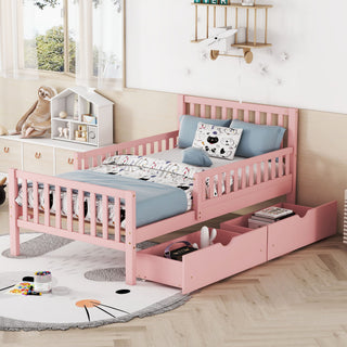 Platform Bed With Guardrails On Both Sides And 2 Storage Drawers