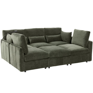 Modern Modular U-Shaped Sofa Bed With Movable Ottoman, USB Ports, Phone Holder