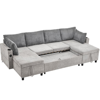 Sectional Sofa Bed With Pull Out Sleeper, USB Ports, Cup Holders