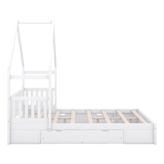 House Style Platform Bed With Guardrail And 2 Drawers
