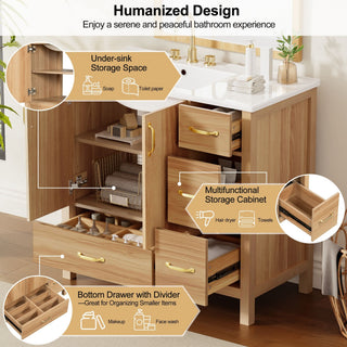 Bathroom Vanity, 2 Soft Close Doors, 4 Soft Close Drawers, Adjustable Shelf, Storage Cabinet - Acacia Wood