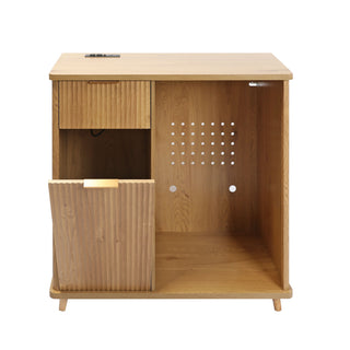 Fluted Coffee Bar Cabinet With Mini Fridge Space & Charging Station - Natural