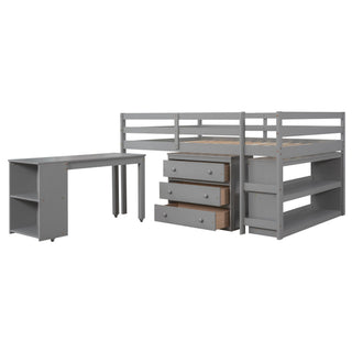 Loft Low Study Bed With Cabinet, Shelves And Rolling Portable Desk, Multiple Functions
