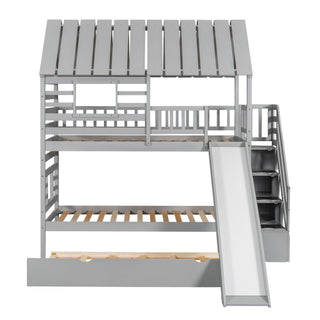 House Bunk Bed With Trundle, Storage Staircase, Roof And Window Design