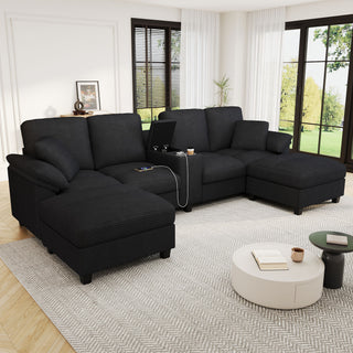 Modern U - Shaped Sectional Sofa With Storage Ottomans, USB Ports, And Cup Holders