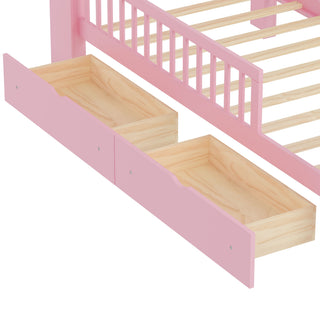 Bed With Headboard Storage Rack, 2 Under Bed Drawers, 3 Side Guardrails For Safety