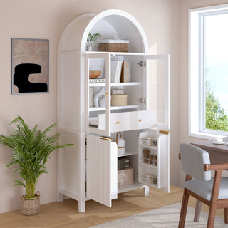 Fluted Tall Arched Pantry Cabinet With Adjustable Shelves, Glass Door & Hidden Drawer For Kitchen