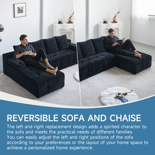 L - Shaped Sectional Sofa With Side Pockets, Wireless Charging, USB Ports, Cup Holder, Bluetooth Speaker, Reversible Lounge Chaise - Black