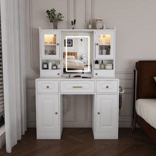 Large Vanity Table Set With Mirror, 6 Drawers & Shelves, Power Socket, Hair Dryer Holder, Cabinet Light, Dressing Desk - White
