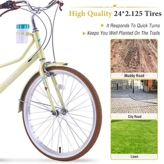 24" Cruiser Bike With 6 Speed Gear System, Rear Rack & Cup Holder