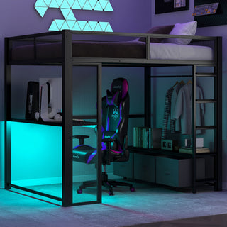 Full Size Gaming Loft Bed With LED Desk, Open Wardrobe, 3 Linen Storage Drawers - Black
